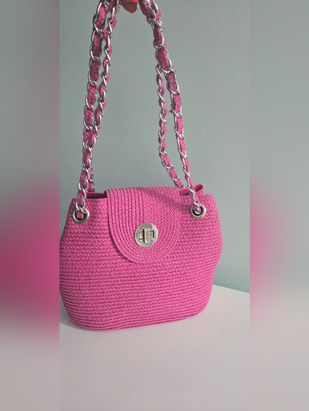 Magid Straw Pink Woven Shoulder Bag with Chain Strap